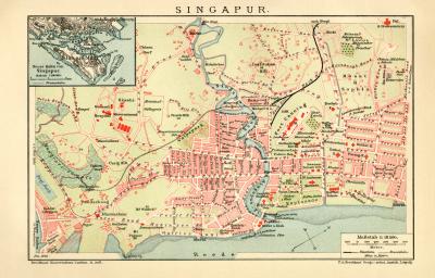 Singapur Stadtplan Lithographie 1910 Original der Zeit
