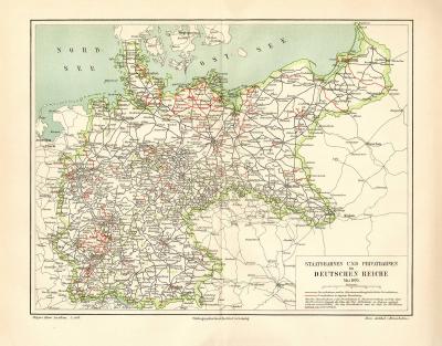 Farbig lithographierte Karte der Staatsbahnen und Privatbahnen im Deutschen Reich aus dem Jahr 1895.
