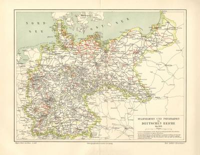 Farbig lithographierte Karte der Staatsbahnen und Privatbahnen im Deutschen Reich aus dem Jahr 1898.