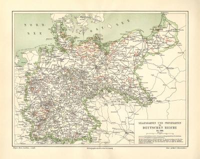 Farbig lithographierte Karte der Staatsbahnen und Privatbahnen im Deutschen Reich aus dem Jahr 1900.