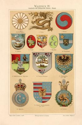 Chromolithographie aus 1893 zeigt verschiedene Wappen.