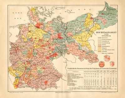 Reichtagswahlen 1890 Karte Lithographie 1890 I. Original der Zeit
