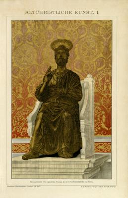 Lichtdruck aus 1891 zeigt die Bronzestatue des Apostel Petrus in der Peterskirche in Rom.