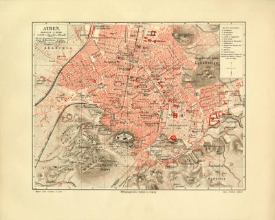 Athen historischer Stadtplan Karte Lithographie ca. 1906