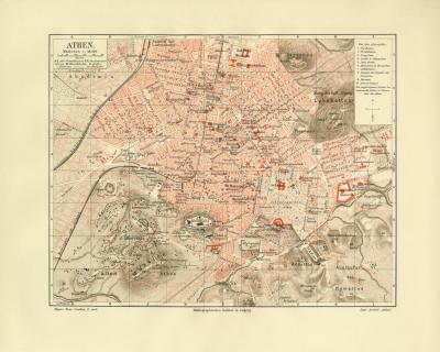 Athen historischer Stadtplan Karte Lithographie ca. 1908