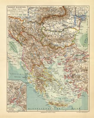 Balkan Halbinsel historische Landkarte Lithographie ca. 1908