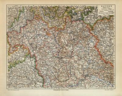 Bayern Karte N&ouml;rdlicher Teil historische Landkarte Lithographie ca. 1908