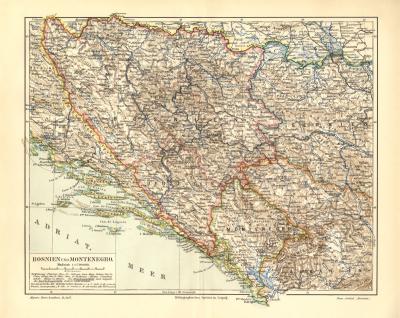 Bosnien Montenegro historische Landkarte Lithographie ca. 1907
