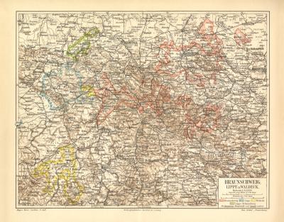 Braunschweig Lippe Waldeck historische Landkarte Lithographie ca. 1904