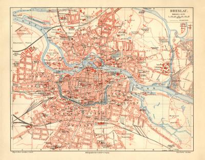 Breslau historischer Stadtplan Karte Lithographie ca. 1904