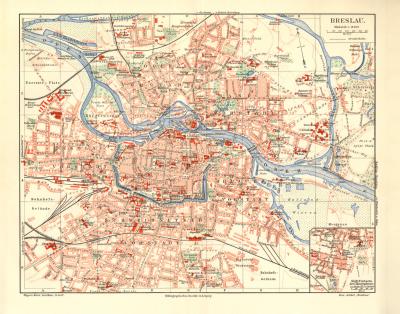 Breslau historischer Stadtplan Karte Lithographie ca. 1908
