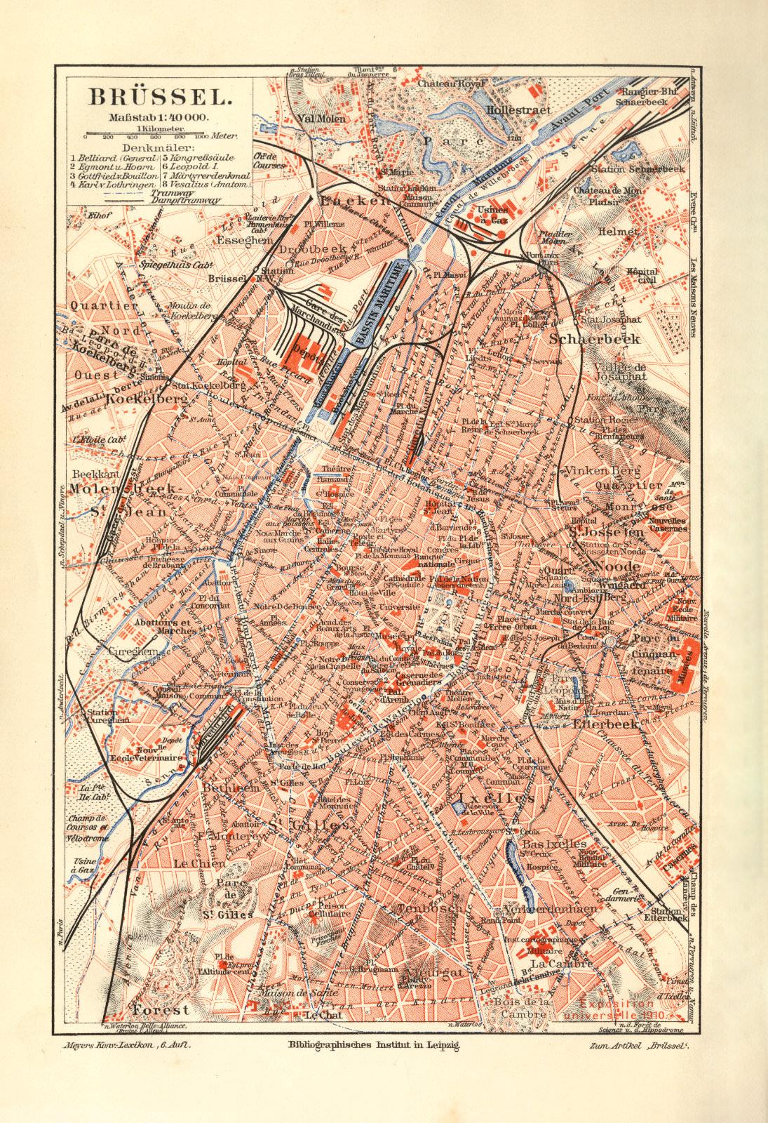Brüssel historischer Stadtplan Karte Lithographie ca 1903 antike Stadtkarte 