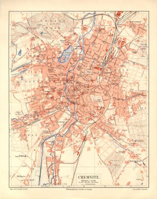Chemnitz historischer Stadtplan Karte Lithographie ca. 1906