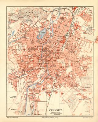 Chemnitz historischer Stadtplan Karte Lithographie ca. 1910
