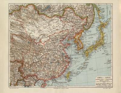 China Japan historische Landkarte Lithographie ca. 1904