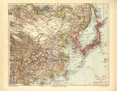 China Japan historische Landkarte Lithographie ca. 1908