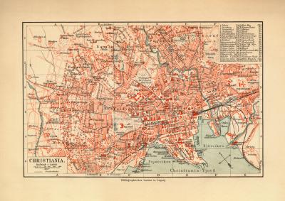 Oslo Christiania historischer Stadtplan Karte Lithographie ca. 1905