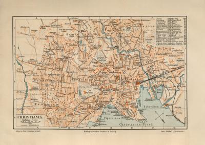 Oslo Christiania historischer Stadtplan Karte Lithographie ca. 1907