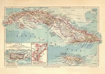 Cuba Puerto Rico Jamaika historische Landkarte Lithographie ca. 1908