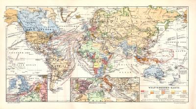 1905 Weltkarte Seestreitkräfte & Flottenstützpunkte alte Karte Lithographie ca 