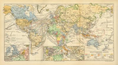 Weltverkehr historische Landkarte Lithographie ca. 1905