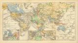 Weltverkehr historische Landkarte Lithographie ca. 1905