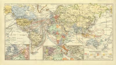 Weltverkehr historische Landkarte Lithographie ca. 1910