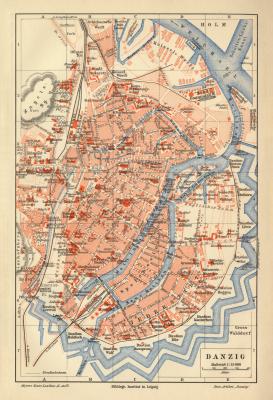 Danzig historischer Stadtplan Karte Lithographie ca. 1903