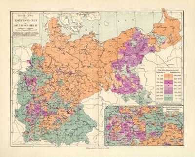 Konfessionen Deutsches Reich historische Landkarte Lithographie ca. 1906