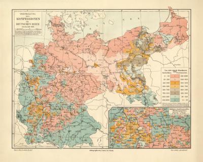 Konfessionen Deutsches Reich historische Landkarte Lithographie ca. 1907