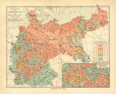 Konfessionen Deutsches Reich historische Landkarte Lithographie ca. 1910