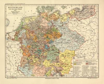 Deutschland beim Tod Kaiser Karls IV. historische Landkarte Lithographie ca. 1904