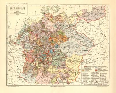 Deutschland beim Tod Kaiser Karls IV. historische Landkarte Lithographie ca. 1908