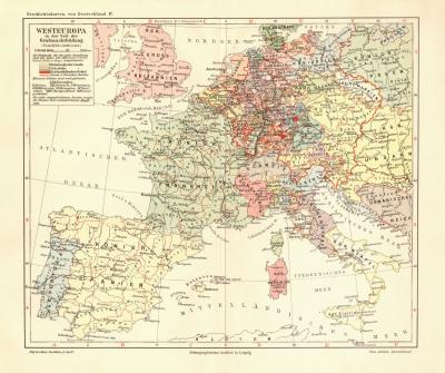 Westeuropa in der Zeit der Gro&szlig;machtbildung historische Landkarte Lithographie ca. 1908