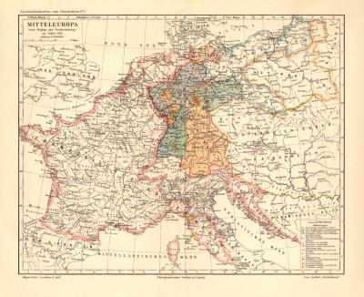 Mitteleuropabeim Beginn der Freiheitskriege historische Landkarte Lithographie ca. 1908