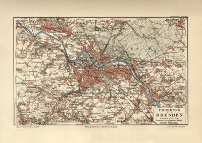 Dresden Umgebung historischer Stadtplan Karte Lithographie ca. 1908