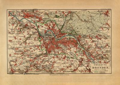 Dresden Umgebung historischer Stadtplan Karte Lithographie ca. 1910