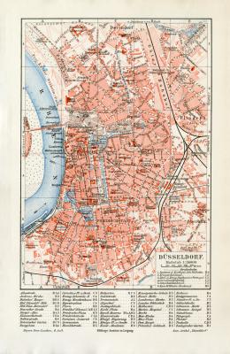 Düsseldorf historischer Stadtplan Karte Lithographie ca. 1904