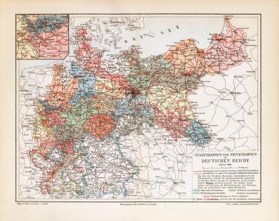Eisenbahn im Deutschen Reich historische Landkarte Lithographie ca. 1908