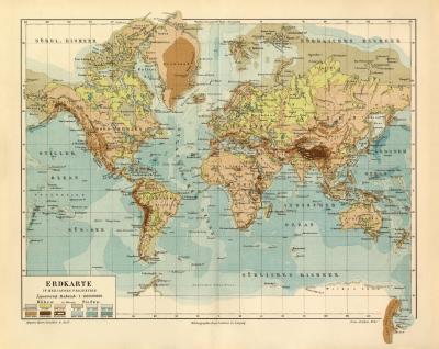 Erdkarte in Mercators Projektion historische Landkarte Lithographie ca. 1903