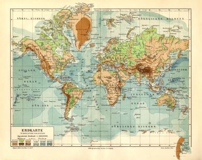 Erdkarte in Mercators Projektion historische Landkarte Lithographie ca. 1905