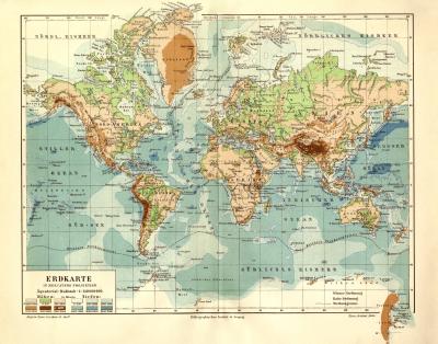 Erdkarte in Mercators Projektion historische Landkarte Lithographie ca. 1906