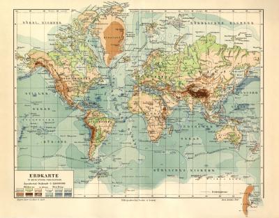 Erdkarte in Mercators Projektion historische Landkarte Lithographie ca. 1907