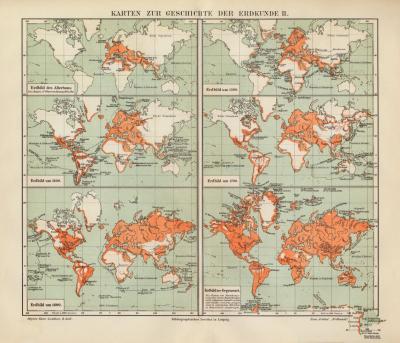 Geschichte der Erdkunde II. historische Landkarte Lithographie ca. 1910