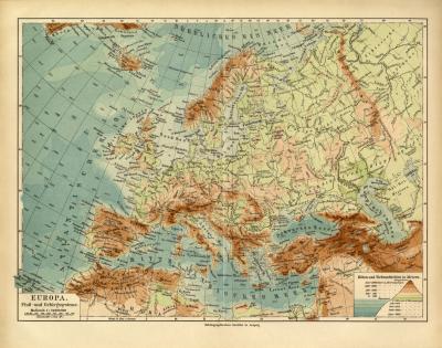 Europa Flüsse Gebirge historische Landkarte Lithographie ca. 1918
