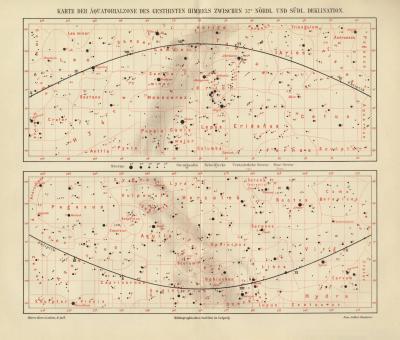 Äquatorialzone Karte des Gestirnten Himmels historische Karte Lithographie ca. 1908
