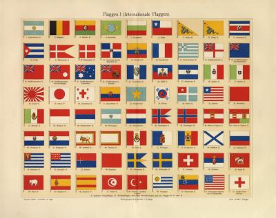Flaggen I. International historischer Druck Chromolithographie ca. 1906