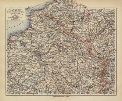 Frankreich Nordöstlicher Teil historische Landkarte Lithographie ca. 1918