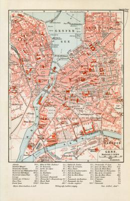 Genf historischer Stadtplan Karte Lithographie ca. 1906