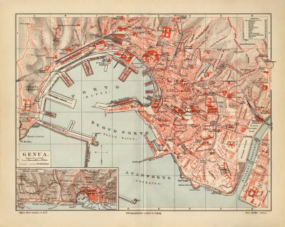 Genua historischer Stadtplan Karte Lithographie ca. 1906